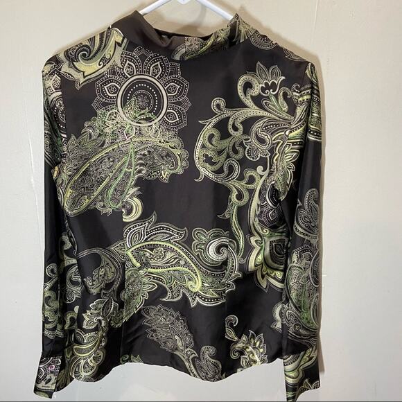 Ann Taylor 100% Silk Blouse Collar Waterfall All Over Print Button Brown 4 S - Picture 4 of 4
